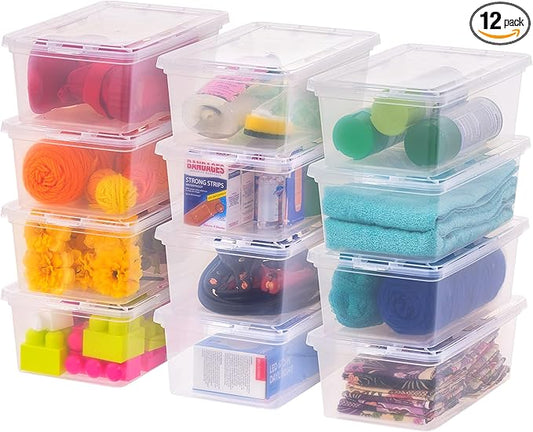 IRIS USA 12-Pack 7 Qt Storage Bins with Lids, Clear, Stackable | Ideal for shoes, crafts, office supplies and pantry items, nestable design, transparent design makes contents easy to find