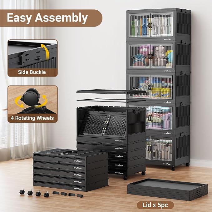 BROVIEW 480 Qt Stackable Storage Bins with Lids, Plastic Closet Organizers and Storage Drawer, Collapsible Storage Box with Wheels, Folding Storage Cabinet for Closet Clothes Organization, 4Pack Black
