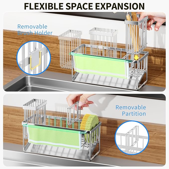 Cisily Kitchen Sink Caddy Organzier with High Brush Holder, Sponge Holder for Sink, 304 Rustproof Stainless, Kitchen Countertop Soap Dispenser Organizer (Silver With Towel Rack, 9.25″)