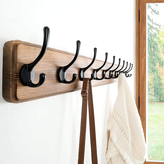 Wall Mounted Coat Rack: 38-1/4" Long, Patented, Heavy-Duty, 10-Double-Hooks Wooden Hanger Rail for Winter Coats, Hat, Jacket, Clothing - Natural & Black