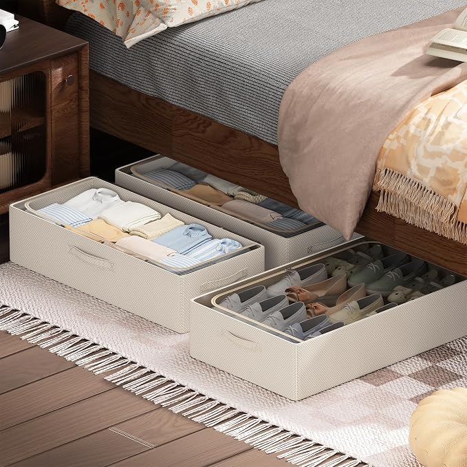 CYhom 3Pcs Under Bed Storage Bins with Metal Frame - Shoe Organizer for Closet with Clear Cover Oxford Fabric Sturdy Underbed Container Foldable Stackable Clothes Organizer (Beige, 23.5x15.7x6.3)