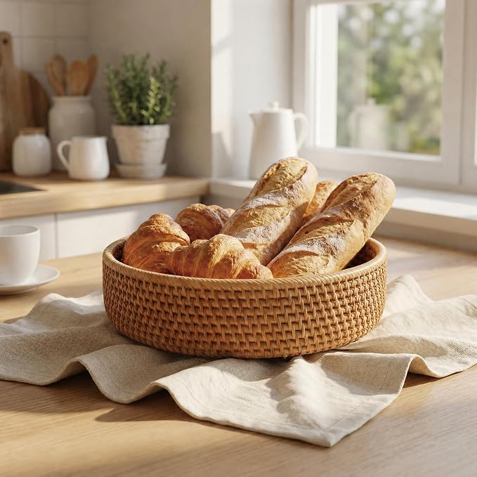 YANGQIHOME Fruit Basket, Wicker Basket Rattan Fruit Bowls, Round Bread Baskets, Handwoven Storage Basket, Natural Serving Bowls Kitchen Counter Dining Room Snack Vegetable 7.9”, 9”, 10.2” (Set of 3)