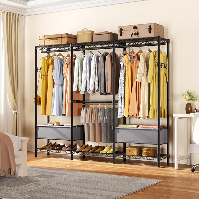 Golpart Heavy Duty Clothes Rack Metal Wardrobe with Adjustable Wire Shelves | Closet Organizers and Storage Clothing Rack Metal System Freestanding Hanging Clothes System Free Standing Garment Coat Racks