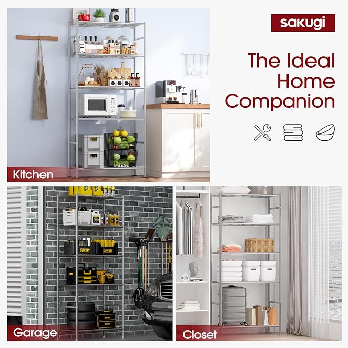 Sakugi Storage Shelves - 5 Tier Shelf Organizer, Heavy Duty Garage Shelving Unit with Leveling Feet, Stable Metal Shelves Organizer for Pantry, Kitchen and Closet, 33.0" W x 12.6" D x 72.0" H, Silver