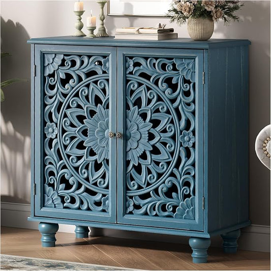JOINICE 31" Accent Storage Cabinet with Carved Doors,Mandala Blue | Carved Floral Design, Solid Wood Legs, Versatile Storage for Living Room & Bedroom & Hallway, Adjustable Shelf, Easy Assembly