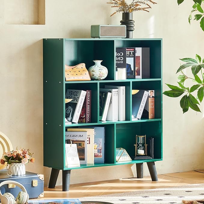 LEYAOYAO Cube Bookshelf, Mid-Century Modern Book Shelf with Legs,Dark Green | 3 Tier Bookcase, Rustic Wood Bookshelves Freestanding Small Storage Organizer, Open Shelves for Bedroom, Living Room, Office