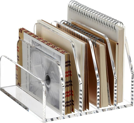 SANRUI Acrylic Bill Letter Organizer Holder for Desk, Clear 5 Compartments | Laddered Mail Sorters, Multifunction Desktop Envelope Folder Racks Document Holders for Office, Home, School