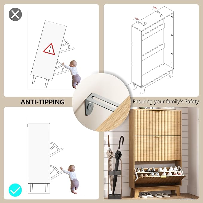 HUANLEGO Shoe Cabinet Storage for Entryway with 3 Flip Drawers, Fluted Narrow Shoe Organizer with Wooden Legs, Freestanding Slim Shoe Storage Hidden Shoe Rack Organizer for Front Door Entrance, Oak