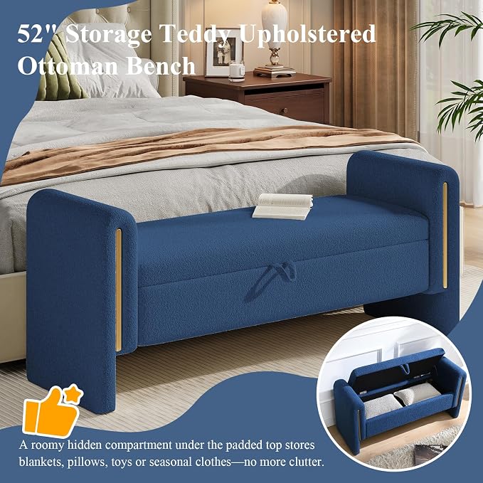 Storage Ottoman Bench, End of Bed Bench with Pull-Ring | 52" Teddy Upholstered, Window Bench with Armrest, Generous Storage, Safety Hinge, Holds 250 LBS, for Bedroom, Navy Blue