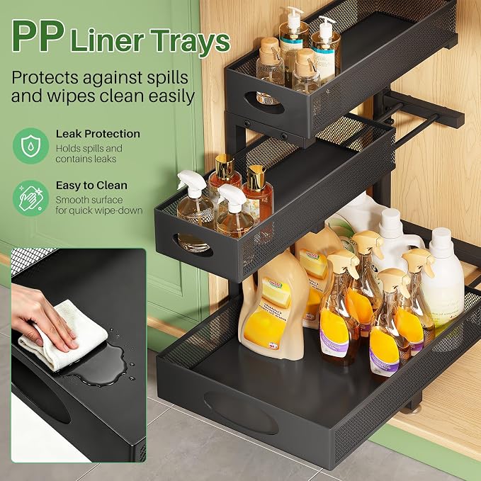 Kitstorack Under Sink Organizer 3-Tier Slide Out Drawer 1-Pack Black | Height Adjustable, Metal Mesh Storage Rack, Pull out Cabinet Organizer Shelf for Bathroom Kitchen Pantry Home Organization