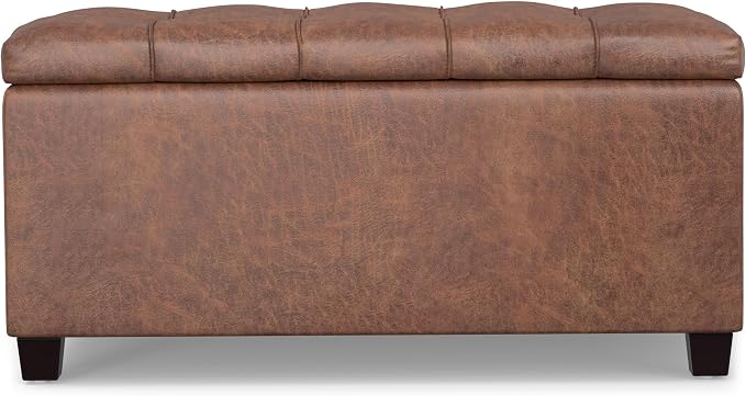 SIMPLIHOME Sienna 33" Wide Vegan Leather Storage Ottoman in Midnight Black | Distressed saddle brown, transitional ottoman with tufting and lift-up lid; rectangle storage bench for living room.
