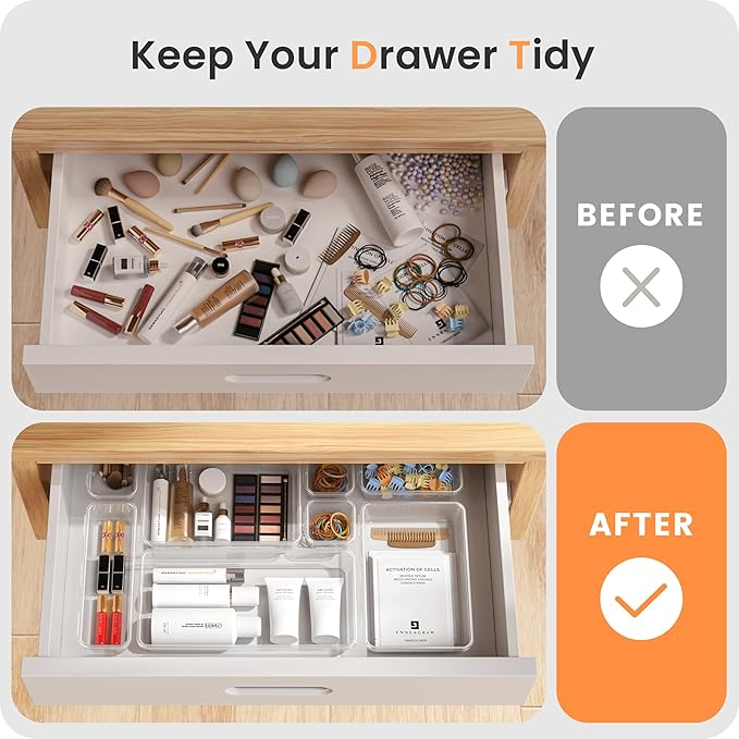 A-LuGei 【46PCS & 5Sizes Clear Drawer Organizer,【Hold 277 Items】 Makeup Organizer, Bathroom Organizers and Storage, Organization and Storage, Organizer Bins for Office Vanity Kitchen Tool Trays