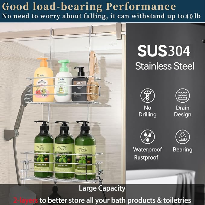 2-Tier Shower Caddy Hanging Shower Organizer Rack with Hooks Over The Door