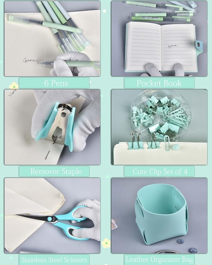 LXEVIHK 21Pcs Green and Blue Desk Organizers and Accessories With Mesh Desk Organizer and 360°Rotating Pen Holder and a Lot of Office Green Office Supplies Beautifully Presented in a Gift Box