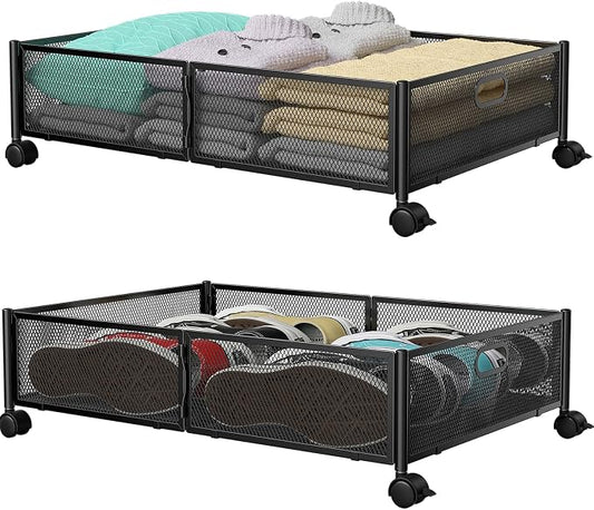 PHINOX Under Bed Storage with Wheels & Handle,Sturdy Metal,2 Pack,Black | Tool-free assembly, glide smoothly, easy reach, foldable, maxmazie low-profile beds, dorm, keep seasonal clothes, shoes fresh