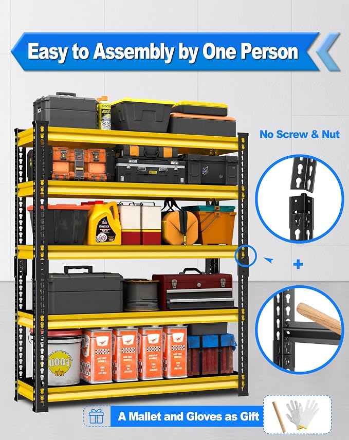 48" W Garage Storage Shelves Heavy Duty, 2800LBS Loads Adjustable Garage Shelving, 5-Tier Metal Shelving Units and Storage Racks, Industrial Utility Shelf,48''Wx18''Dx78''H, Yellow