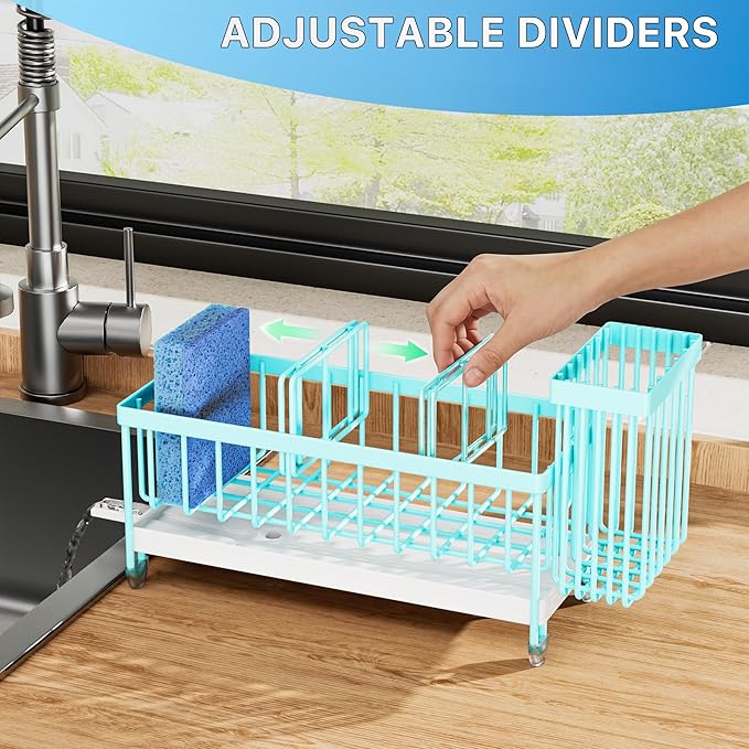 Cisily Sponge Holder for Kitchen Sink, Sink Caddy Organizer with High Brush Holder, Kitchen Countertop Organizers and Storage Essentials, Rustproof 304 Stainless Steel (Turquoise, 9.25″)