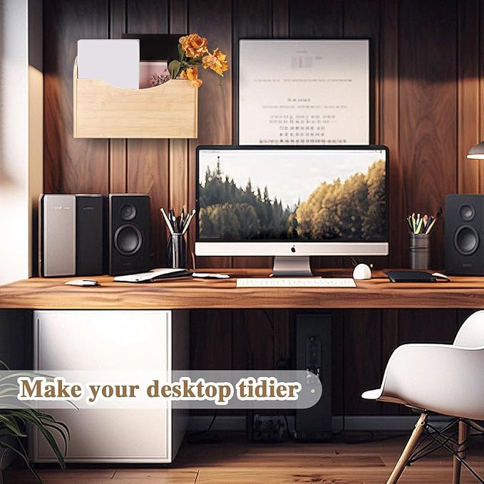 Suzile Wall Mounted File Holder Wood Magazine Holder Wall Hanging File Organizer for Office Mail Magazine Letter Paper Folder Organization (Wood Color)
