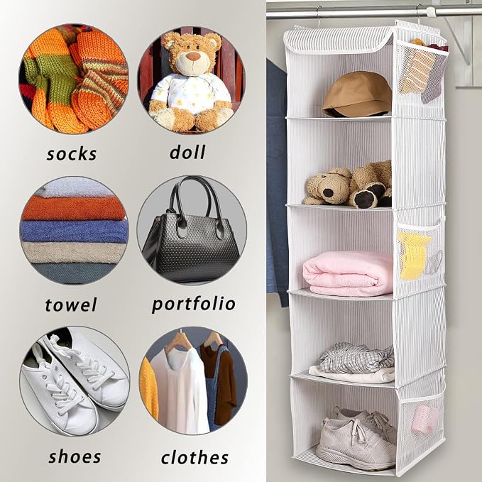 BrilliantJo 5 Shelves Hanging Closet Organizer, 2 Pack Hanging Storage with 6 Side Pockets for Clothes Shoes, 43"x12"x12"(Strip)