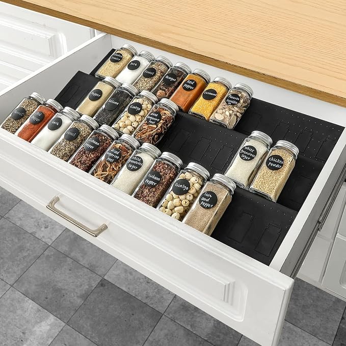Famhap Spice Drawer Organizer Expandable 6 PCS for 11.6"-23.2" Wide Drawer | Durable Plastic, Slanted Seasoning Drawer Organizer, Use for Kitchen Spices Cosmetics