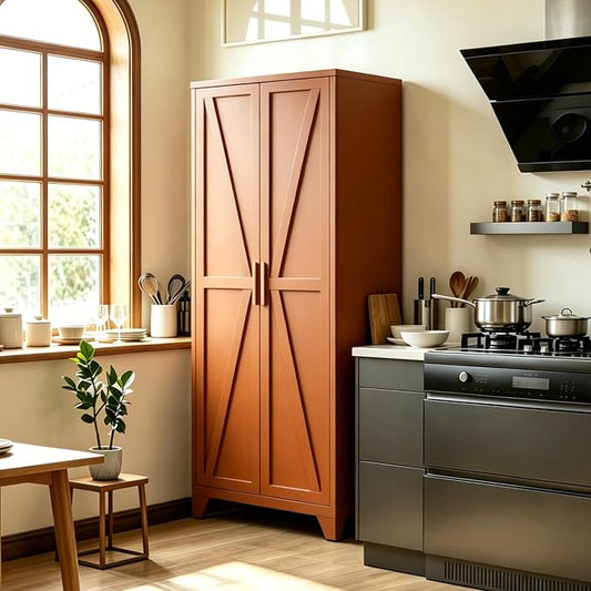 Bevivog Tall Rust Brown Storage Cabinet, 71" Metal Pantry Cabinet with 2 Doors and 4 Adjustable Shelves, Industrial Farmhouse Metal Pantry Cabinet for Kitchen Garage