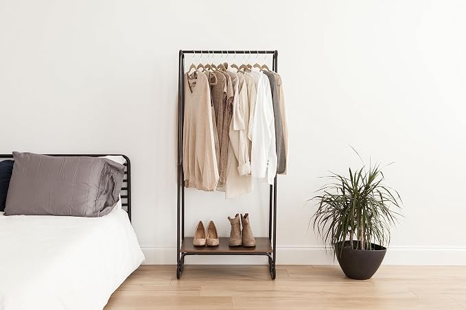 IRIS USA Clothes Rack with Wood Shelf, Garment Storage, Black | Adds storage space for folded clothing, shoes, and accessories with a wood accent surface