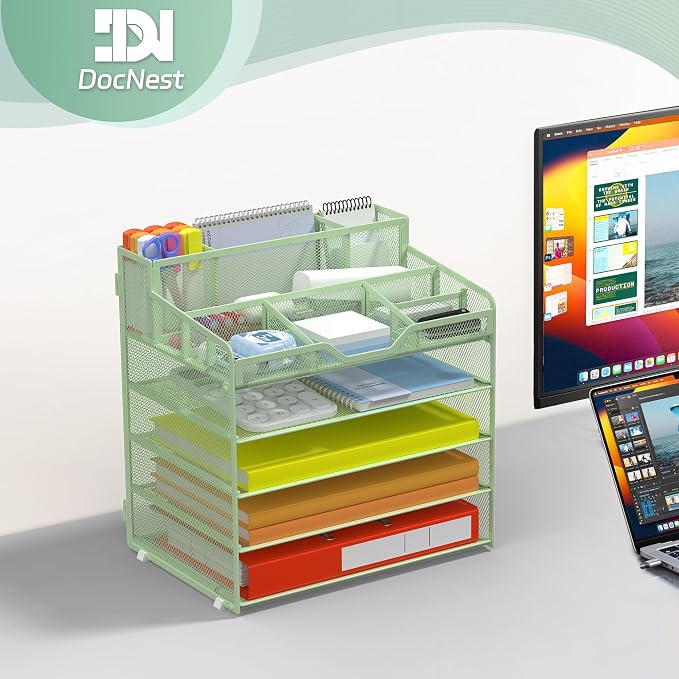 Docnest 5 Tier Mesh Desk Organizer with Letter Tray & Paper Sorter, Green | Features 3 built-in pen holders & 5 adjustable compartments on top. Includes 4 non-slip rubber feet for desk protection