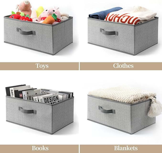 Storage Baskets, 15.7 Inch Woven Fabric Bins, Storage Cubes with Reinforced Handles, Organizer Bins for Closet Shelves, Foldable, for Toys, Clothes (3PCS/Grey-15.7*11*7.8inch)