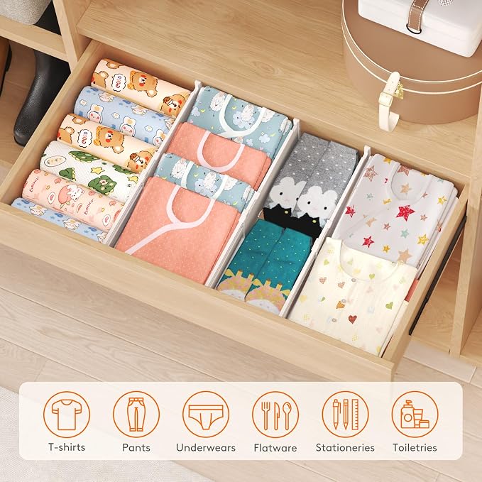 Lifewit 9 Pack Drawer Dividers for Clothes, 4" High 13.8"-22.2" Expandable Dresser Drawer Organizers, Adjustable White Plastic Separators for Kitchen, Cabinet, Nursery, Socks & Underwear Storage