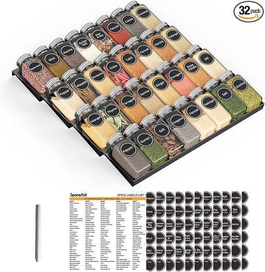 SpaceAid Spice Drawer Organizer with 32 Spice Jars, 386 Spice Labels, 4 Tier Seasoning Rack Tray Insert for Kitchen Drawers, 15" Wide x 17.5" Deep