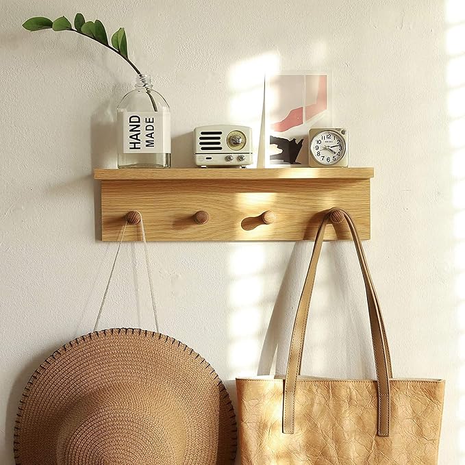 Entrance Coat Rack ，Coat Hooks, Wall-Mounted Wooden Hook Rack, Wall-Mounted Shelves(Oak Color Finish—A-2)