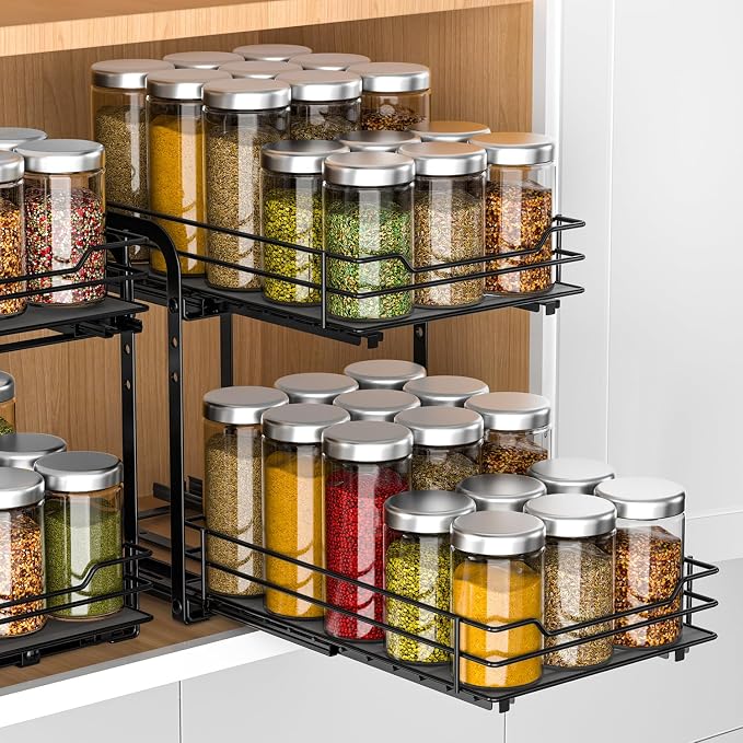 RCHYFEED 2 Tier Pull Out Spice Rack for Cabinet,7.5" Wx10.5 Dx9.5 H | Height Adjustable Spicy Shelf Metal Slide Out Spice Rack Heavy Duty Vertical Spice Shelf for Inside Cabinets & Pantry