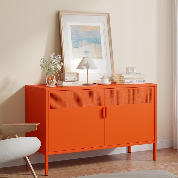 Metal Storage Cabinet with 2 Doors & Adjustable Shelves, Orange | 25"H Accent Cabinet, Metal Locker Storage Cabinets, TV Stand Cabinet for Home, Office, Living Room, Entryway