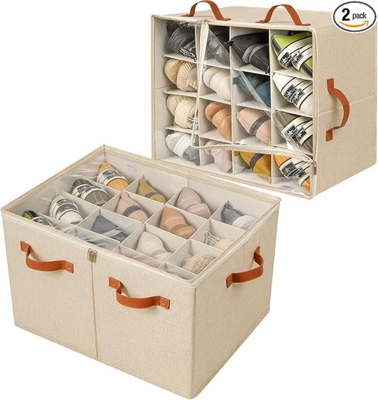 Shoe Organizer for Closet 2 Pack, Foldable Shoe Box with Adjustable Dividers and Clear Cover, Space Saving Shoe Storage Organizer Cabinet with Reinforced Handles, Fits 32 Pairs TP12J