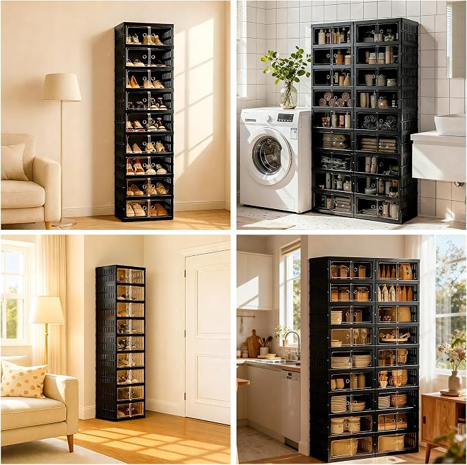 Foldable Shoe Organizer Storage Box Set of 4, Portable Extra Large Folding Shoe Rack for Closet, Shoe Storage Box with Magnetic Transparent Door and Wheels, 9 Layers 18 Grids