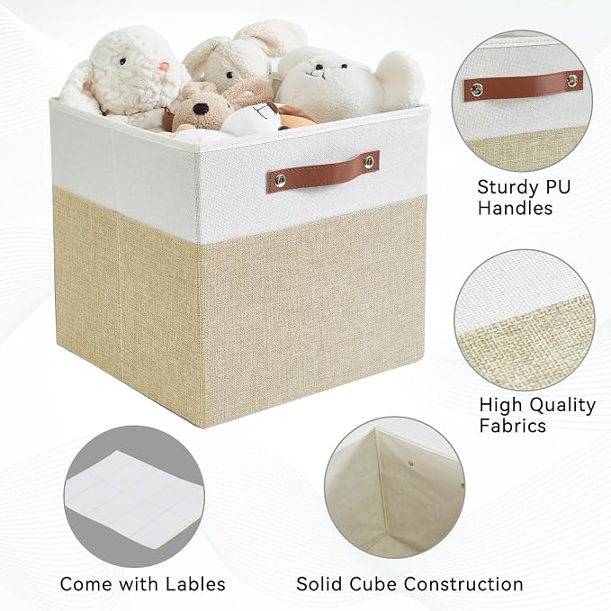 Bagnizer Collapsible Fabric Storage Cube Bins with 2 Reinforced PU Handles, Foldable Storage Organizer Baskets for Closet, Shelves, Living Room | 13"x13"x13", 4 Pack, Beige & White