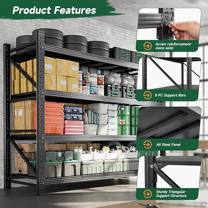 Letaya 71.3" W Metal Storage Shelves,5000LBS Heavy Duty Garage Shelving Units, 4 Tier Adjustable Utility Rack Shelf,Large Industrial Shelves,for Shop,Warehouse,Black (71.3" W x 24" D x 70" H)