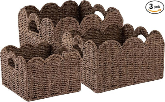 OIAHOMY Scalloped Wicker Baskets, Hand-woven Storage Baskets with Built-in Handles, Paper Rope Shelf Baskets for Organizing and Decoration, Set of 3-Brown
