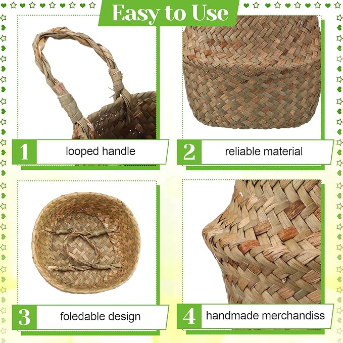 Qunclay 4 Pcs Woven Seagrass Baskets Belly Basket Folding Boho Natural Plant Pot with Handles Round Decorative Wicker Large Indoor Planter for Home Outdoor Tree Planters Decor (XXS,6.3''dx5.5''h)