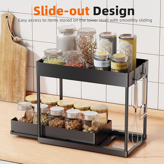 Simple Trending Under Sink Organizer 2 Pack, Sink Pull-Out Sliding Storage Cabinet, 2-Tier Under Shelf Organizer for Kitchen Bathroom, Black