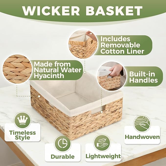 Wicker Shelf Storage Baskets for Organizing - Natural Water Hyacinth Woven Basket Organizers & Storage for Shelves w/Handles & Cotton Liner for Home & Pantry Decor Organization, Large 15” x 12” x 6”