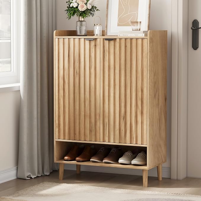 Shoe Cabinet, Large 6-Tier Shoe Storage Cabinet with Fluted 2 Doors, 44" Tall Freestanding Entryway Shoe Cabinet with Adjustable Shelves, Modern Shoe Organizer Cabinet, Shoe Rack Cabinet ( Oak)
