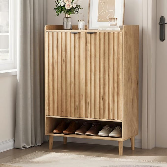 Shoe Cabinet, Large 6-Tier Shoe Storage Cabinet with Fluted 2 Doors, 44" Tall Freestanding Entryway Shoe Cabinet with Adjustable Shelves, Modern Shoe Organizer Cabinet, Shoe Rack Cabinet ( Oak)