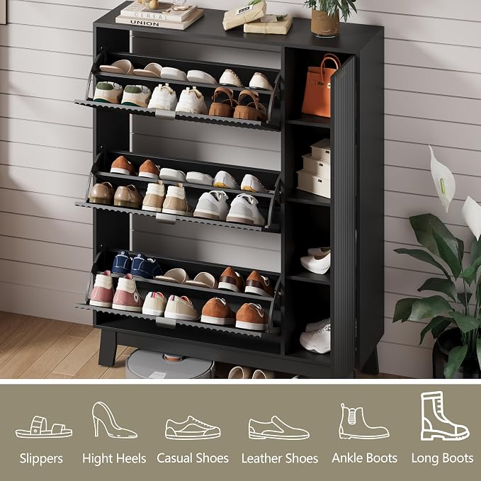 Shoe Cabinet Storage for Entryway with 3 Flip Drawers & Side Cabinet, Fluted Narrow Shoe Organizer with Wooden Leg, Freestanding Shoe Storage Hidden Shoe Rack Organizer for Front Door Entrance, Black