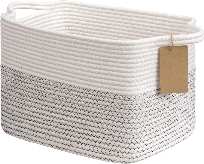 Goodpick Small Cotton Rope Baby Laundry Basket, Mix White | 13 x 10 x 9 in, Reinforced Handles, Rectangle Stylish Gift, Nursery & Bedroom Organization, Toys & Baby Essentials Storage