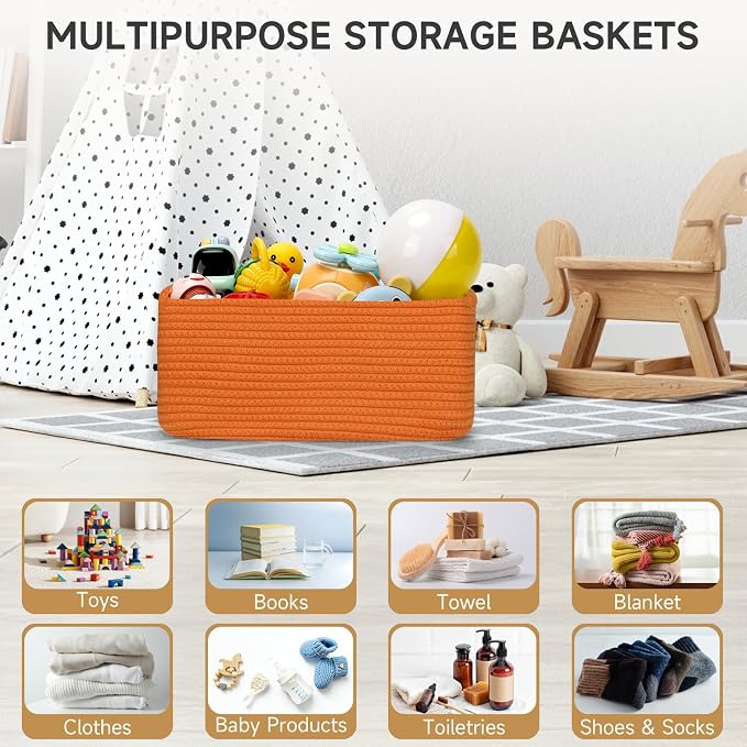 3-Pack Storage Baskets for Organizing | Woven Shelf Toy Basket | Rope Baskets for Gifts Empty | Closet Organizer Bins with Handles | Cube Decorative Box | 13.7×7.1×6.7” | Orange
