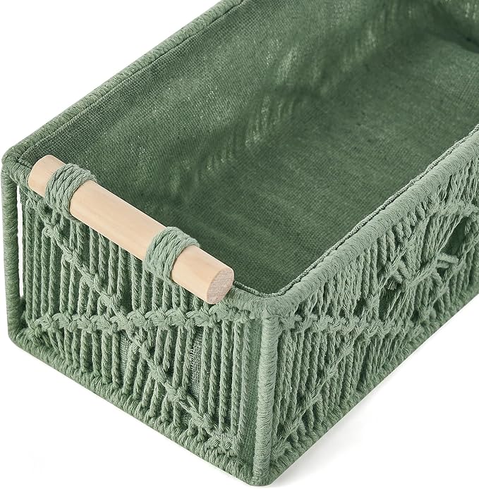 Mkono 2Pc Macrame Storage Baskets, Boho Bathroom Toilet Paper Holder, Green | Small Baskets for Organizing, Hand-Woven, Bohemian Beach Coastal Decor, Shelf Vanity Cabinet Bedroom Living Room Office Dorm