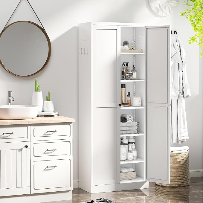 AQY Metal Pantry Cabinet, 72" White Kitchen Storage Cabinet with Doors | 5 Adjustable Shelves • Ventilated Metal Cabinet • Hanging Hooks • Freestanding Kitchen Storage
