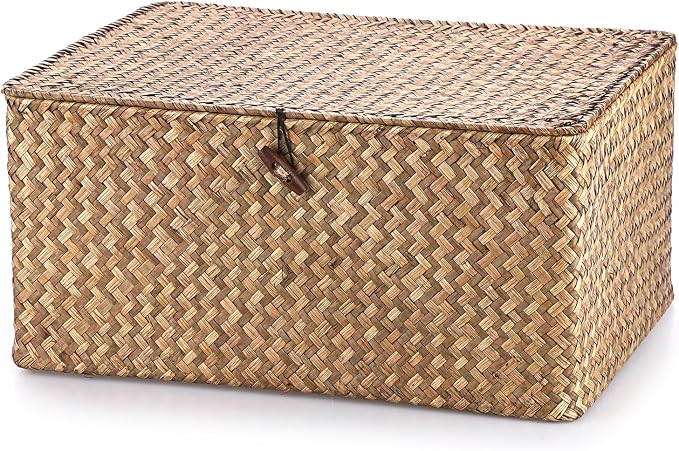 Hipiwe Wicker Shelf Baskets Bin with Lid Woven Storage Box, Coffee X-Large | Handmade Seagrass Basket Storage Bins Rectangular Household Basket Boxes for Shelf Wardrobe Home Organizer