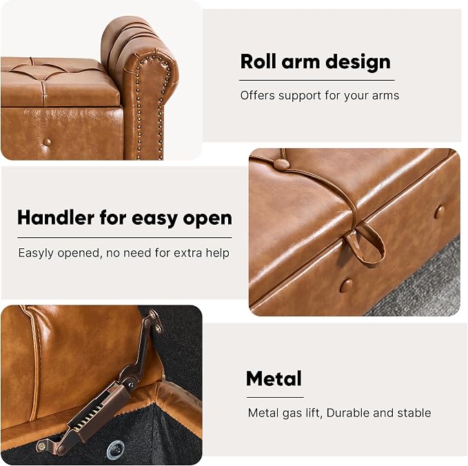 Storage Bench 67" Faux Leather End of Bed Benches Brown | King Size Storage Bench for Bedroom with Rolled Arms Tufted Ottoman Benches Upholstered Bench for Living Room Entryway